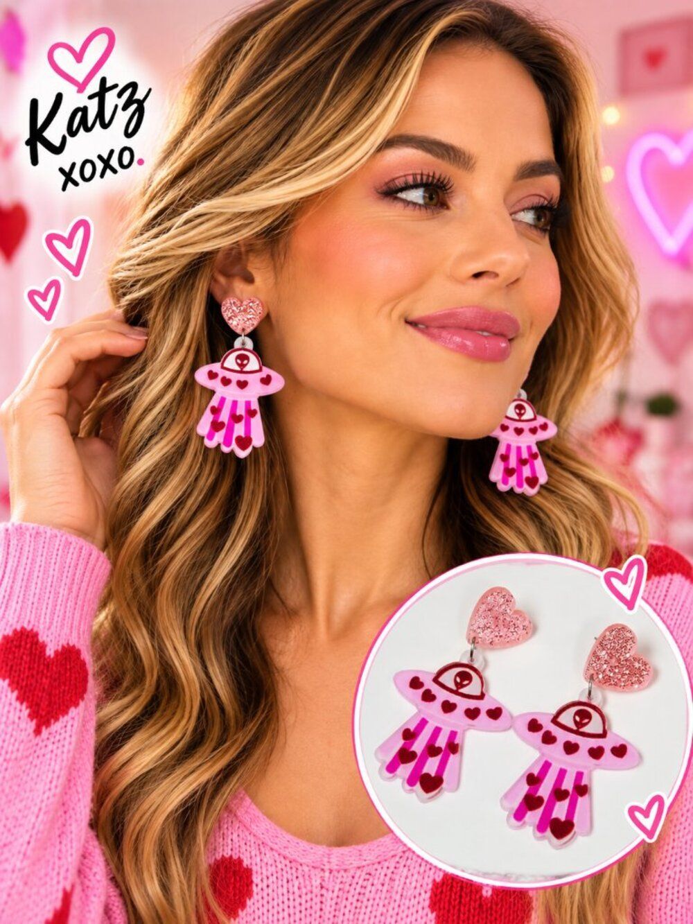 Alien UFO Earrings Pink Heart Glitter Acrylic Dangle Kitsch Space Love Valentine